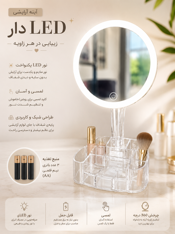 آینه آرایشی لمسیLED دار با استند آرایشی